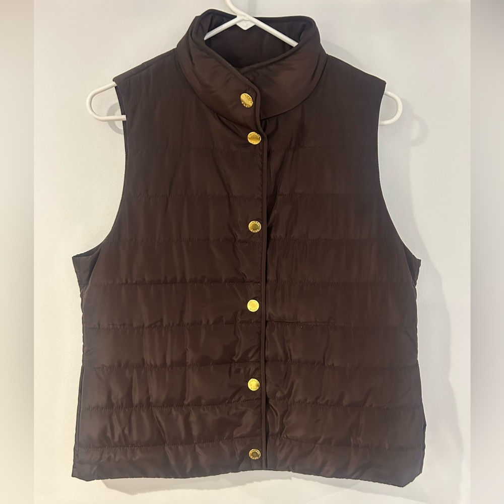Michael Kors Puffer Vest Women Medium Brown Quilted Buttons Pockets Logo Coat